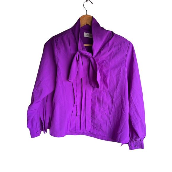 Vintage 80s Purple Ascot Tie Button Long Sleeve Secretary Blouse Pleated Top L - Picture 1 of 6